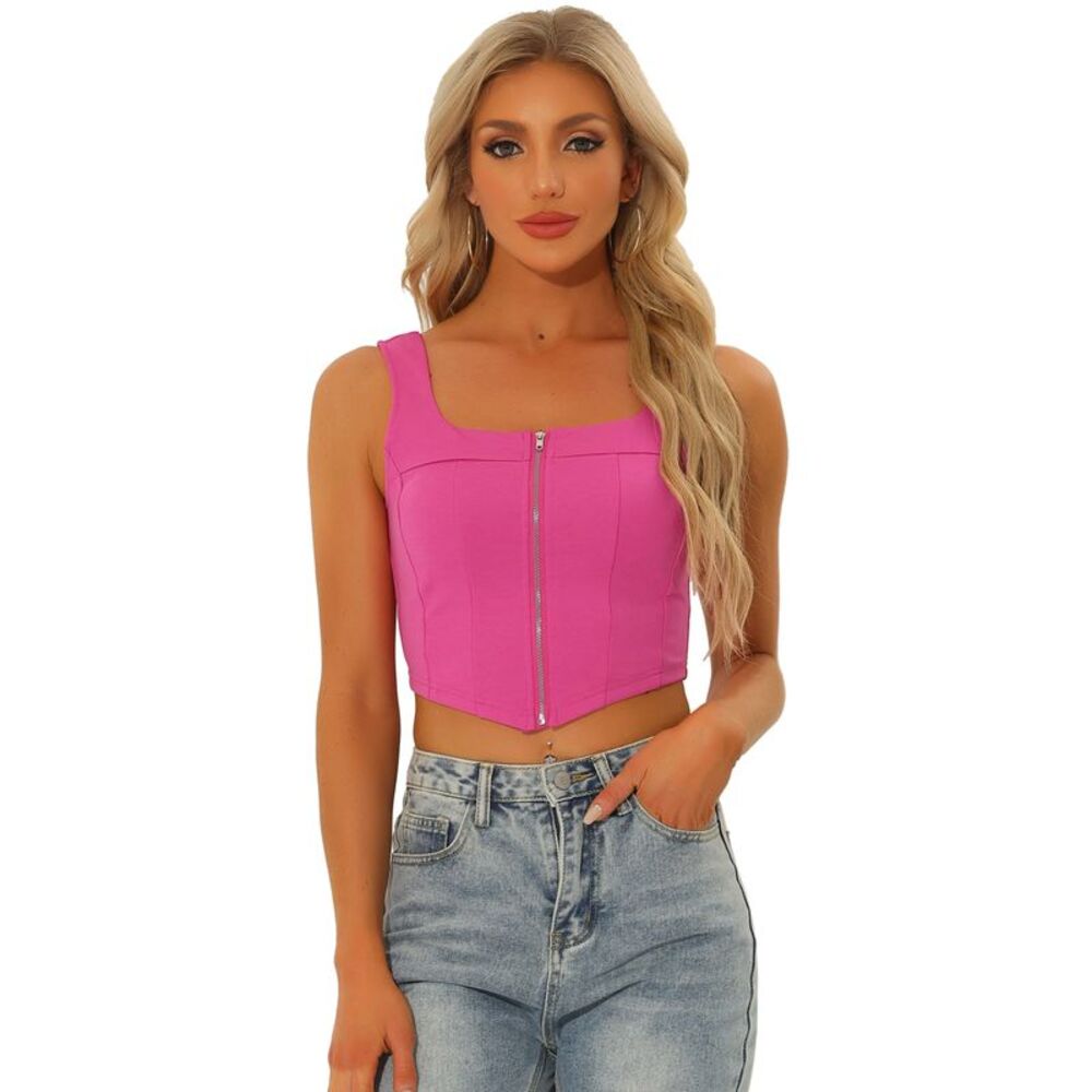Square Neck Asymmetrical Hem Zip Front Crop Cami Tank Tops Hot Pink